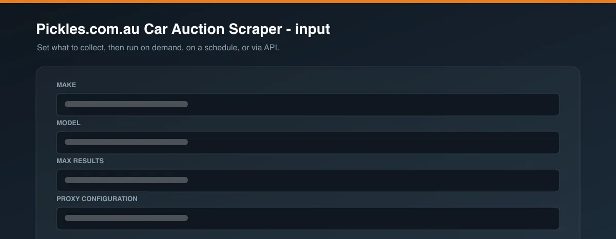 Pickles.com.au Car Auction Scraper input options