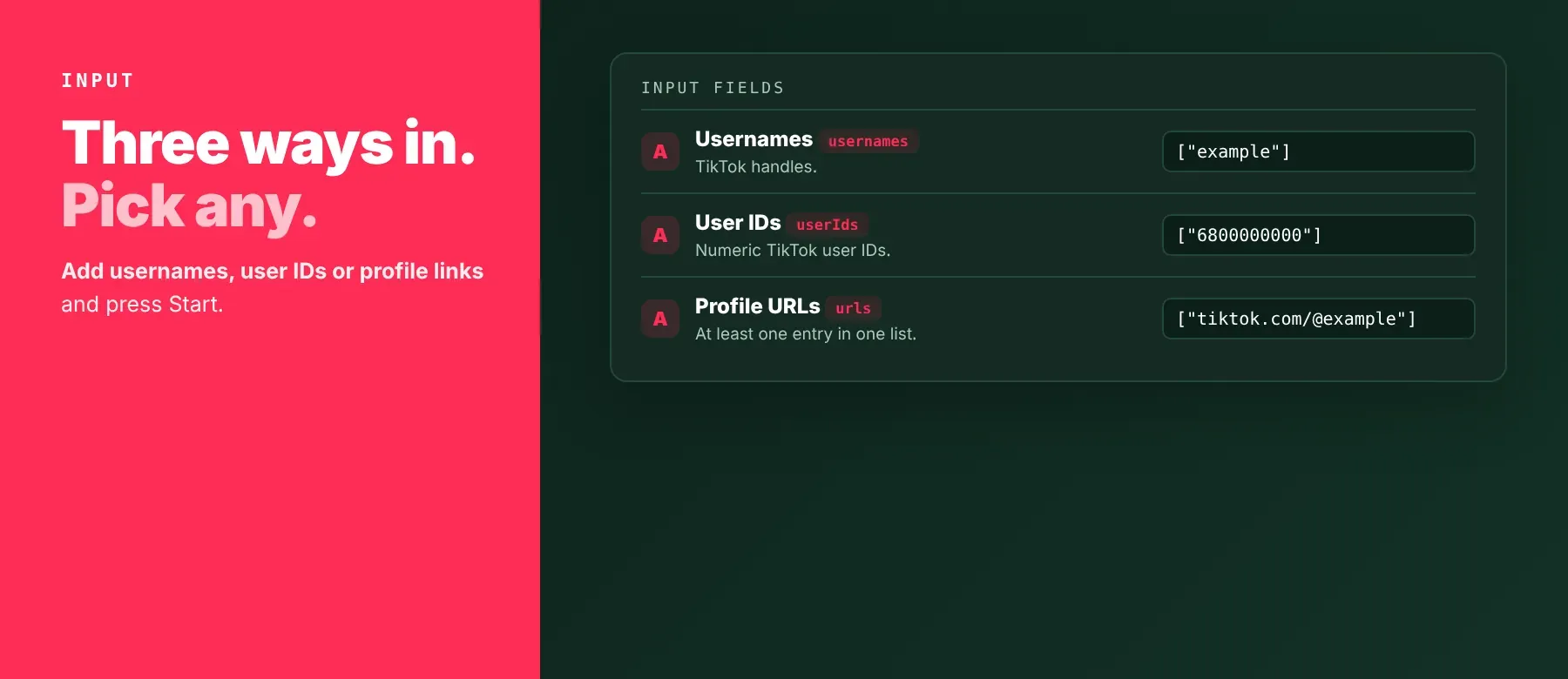 TikTok User Profile Scraper input: usernames, user IDs and profile URLs