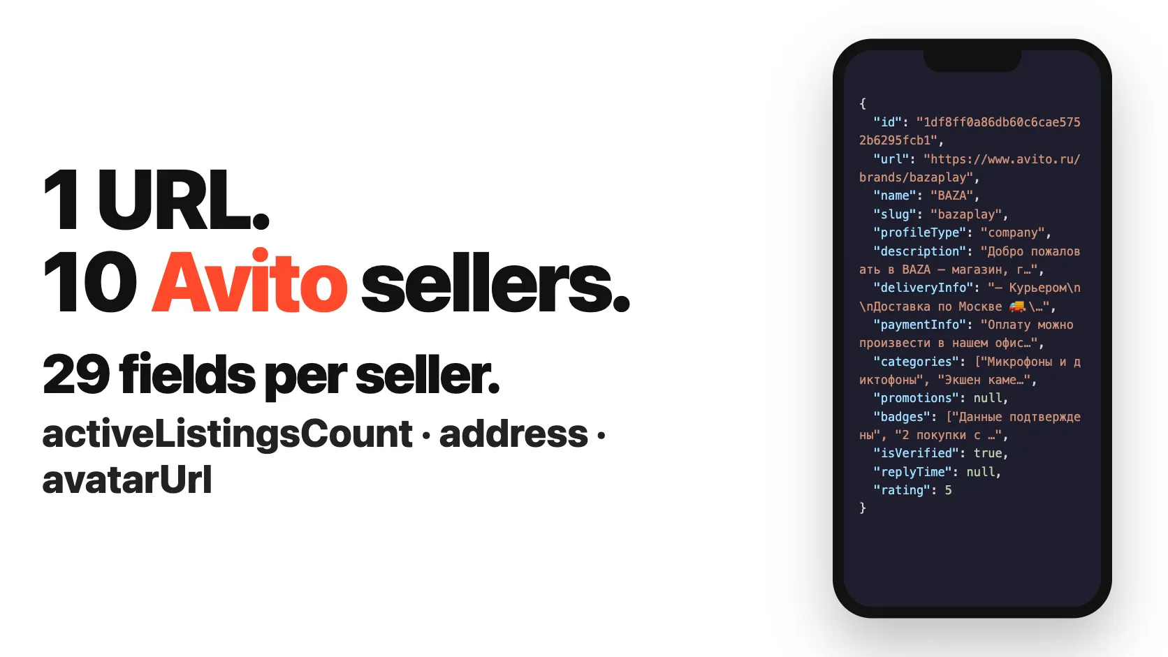 1 URL. 10 Avito sellers. 29 fields per seller.