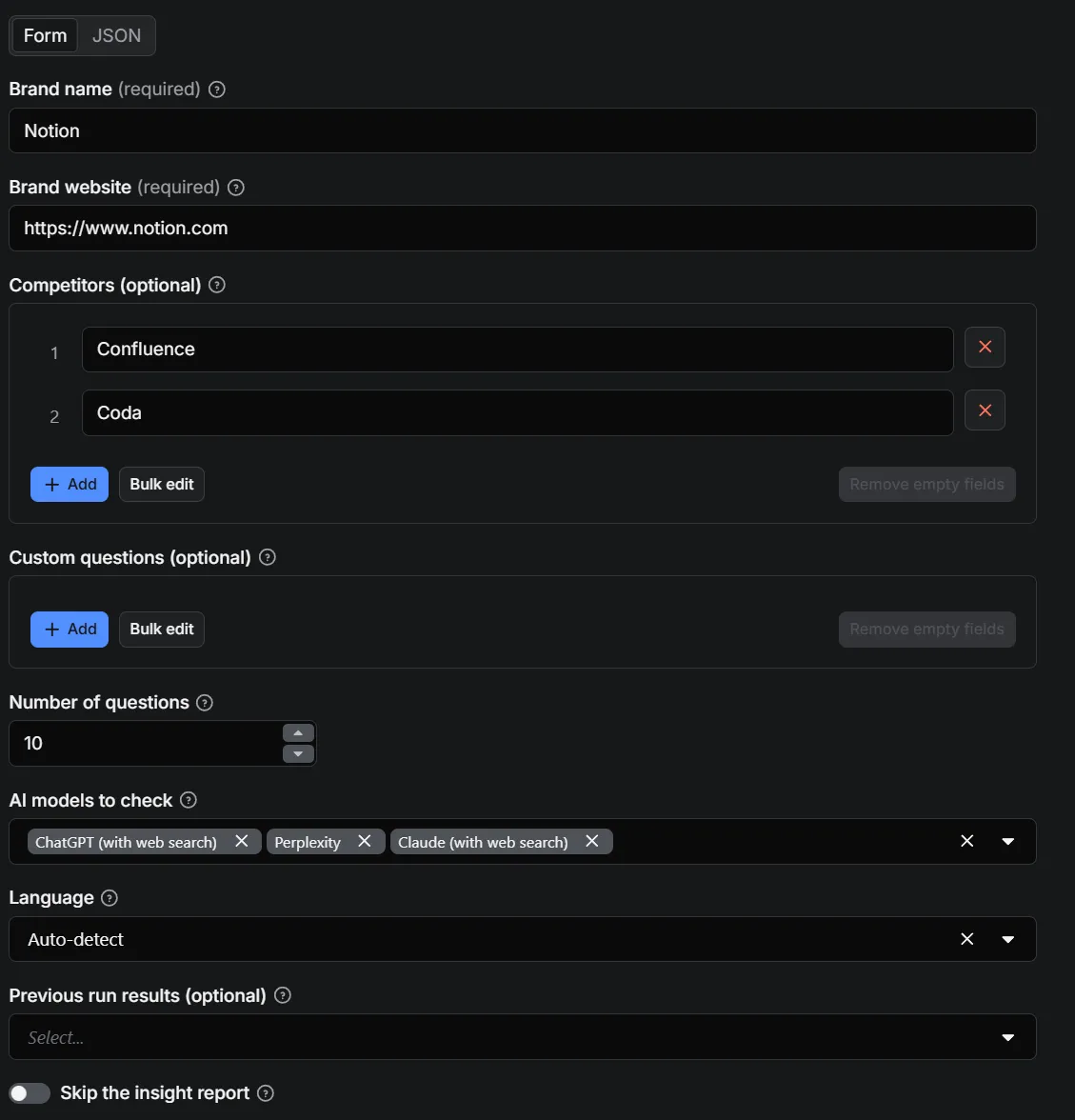 The input form: brand, website, optional competitors and questions, AI models to check