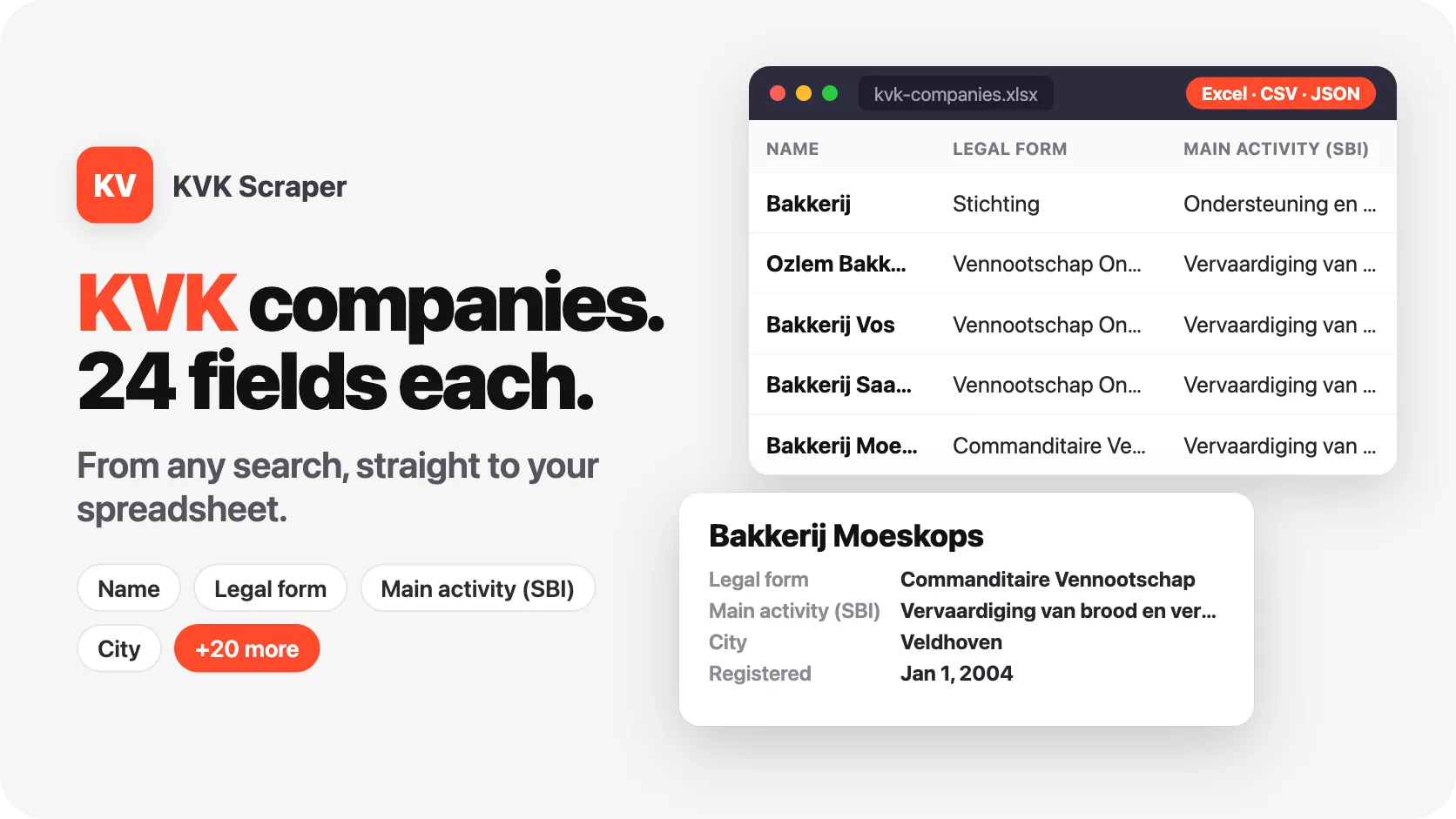 KVK companies, 24 fields each, from any search.