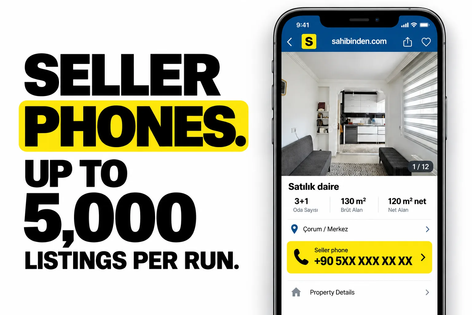 Seller phones. Up to 5,000 listings per run.