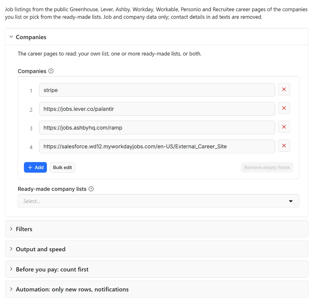 Input form of Career Site Jobs Scraper: Greenhouse, Lever, Ashby, Workday