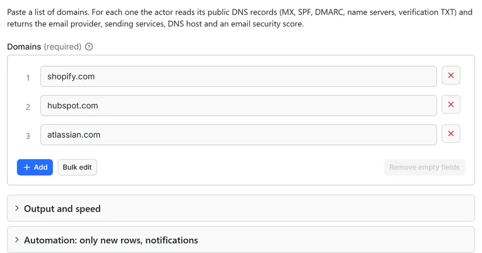 Input form of Domain Email and DNS Checker API: MX, SPF, DMARC, Providers