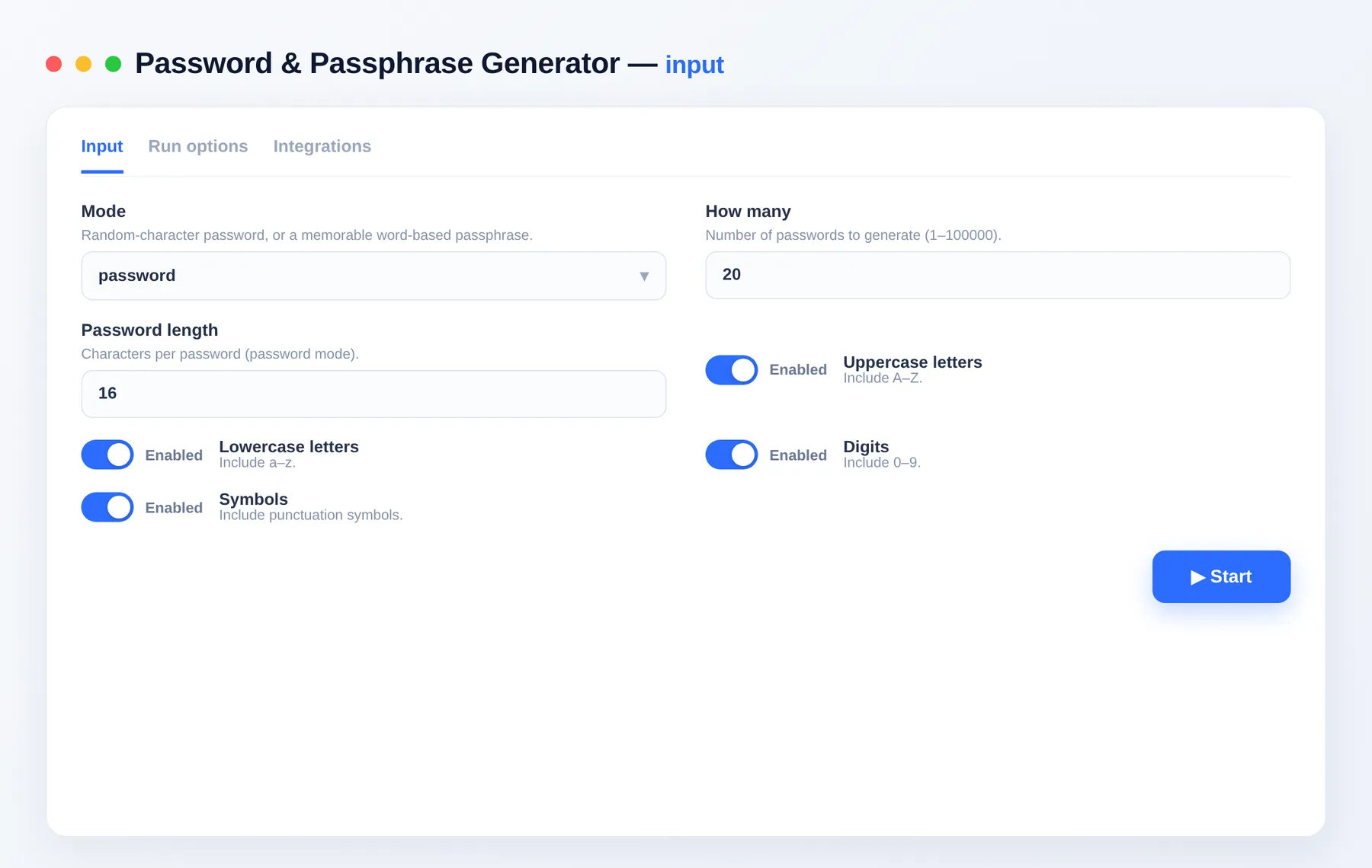 Password & Passphrase Generator input — configure the options in the Apify Console