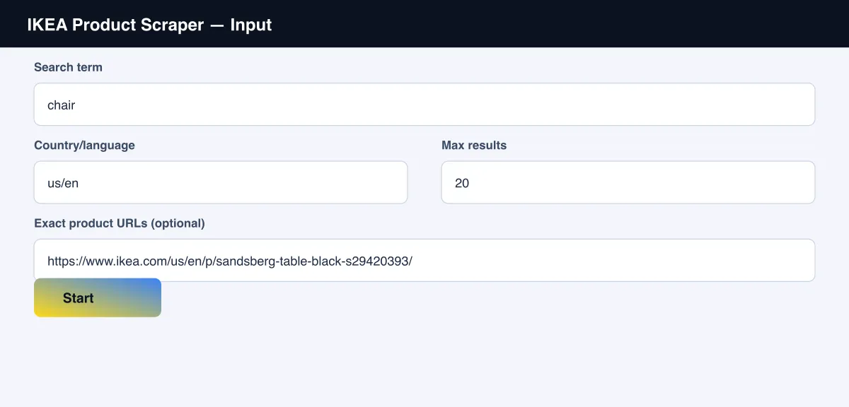 IKEA Product Scraper input form with search term and product URLs