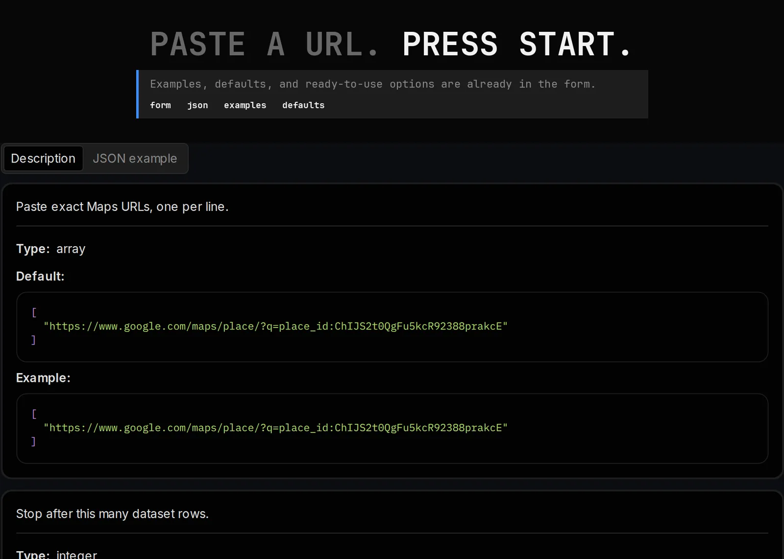 Maps Place Data Scraper published input controls