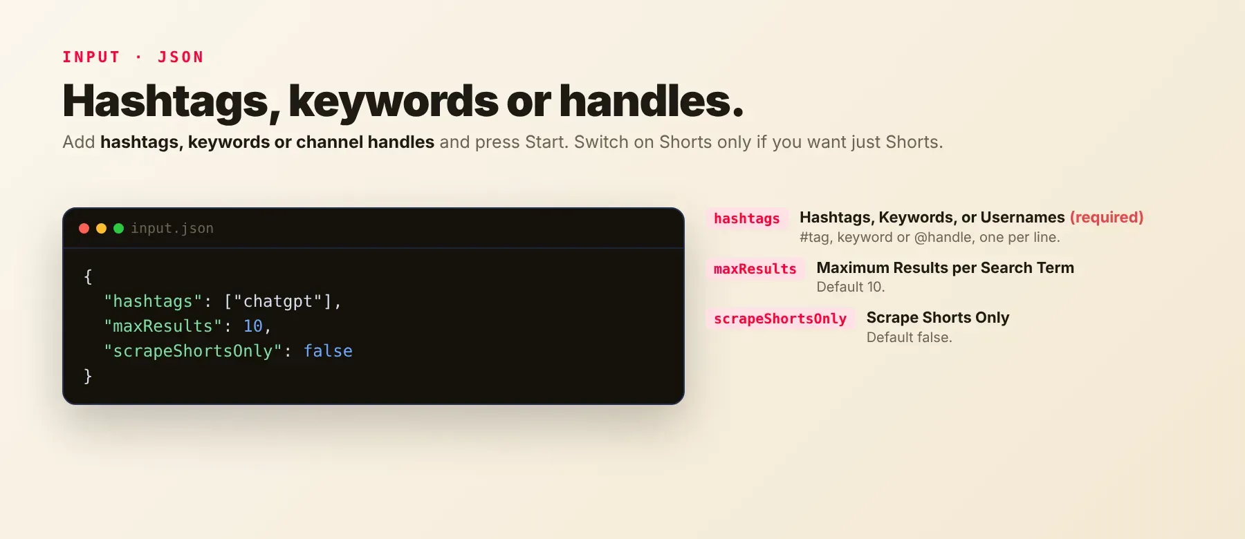 Input fields of the YouTube Video Scraper by Hashtag