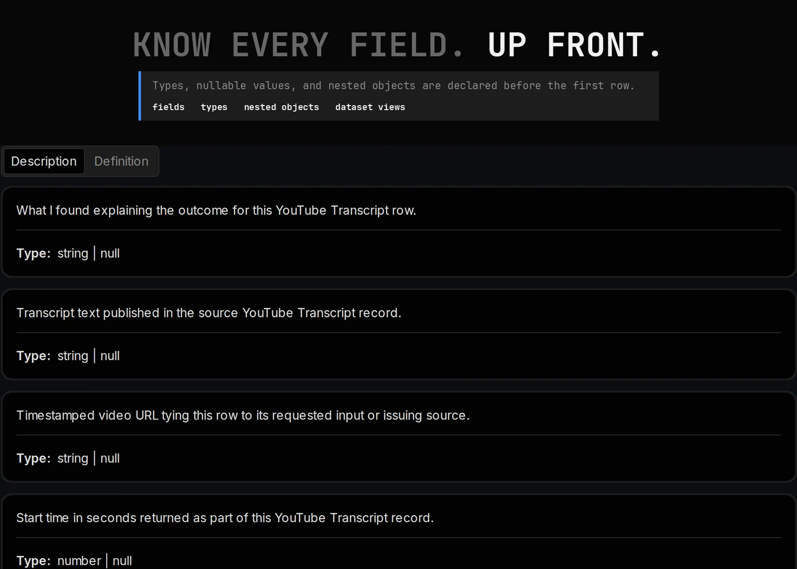 YouTube Transcript Scraper declared output schema