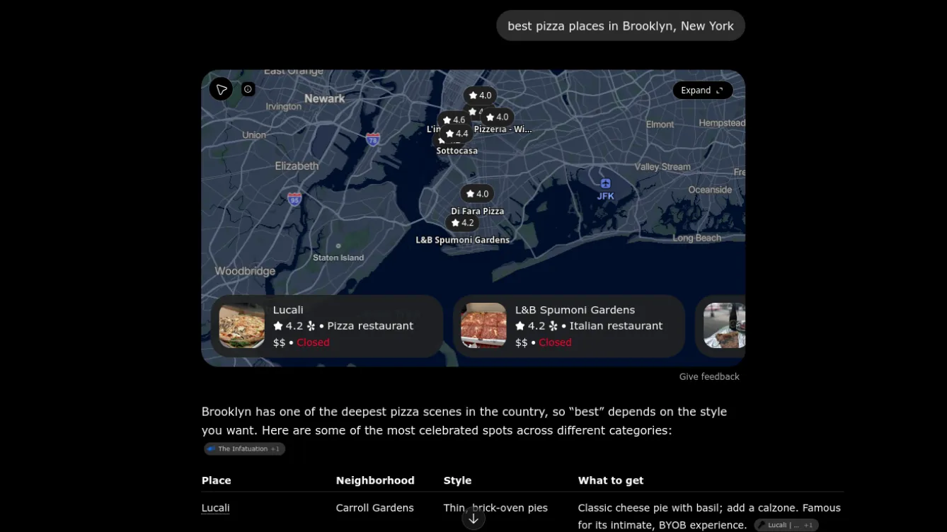 ChatGPT Maps answering "best pizza places in Brooklyn, New York" with a map and place cards
