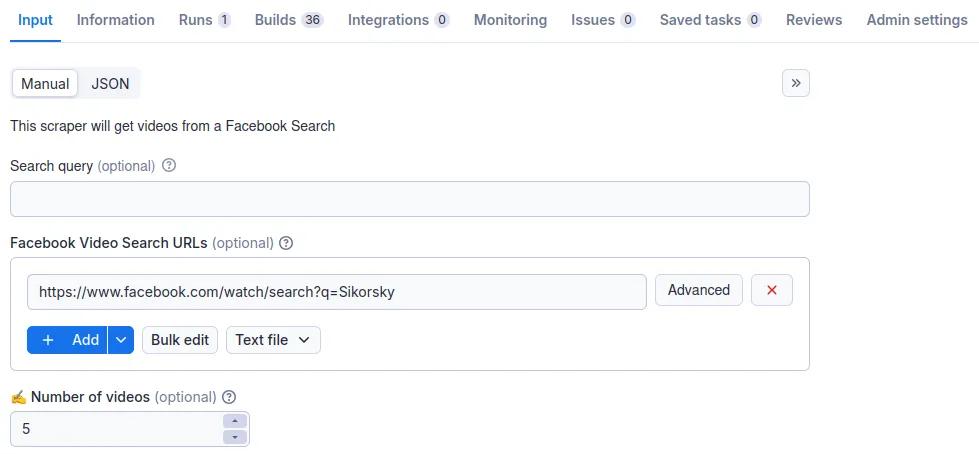 Facebook Video Search Scraper input