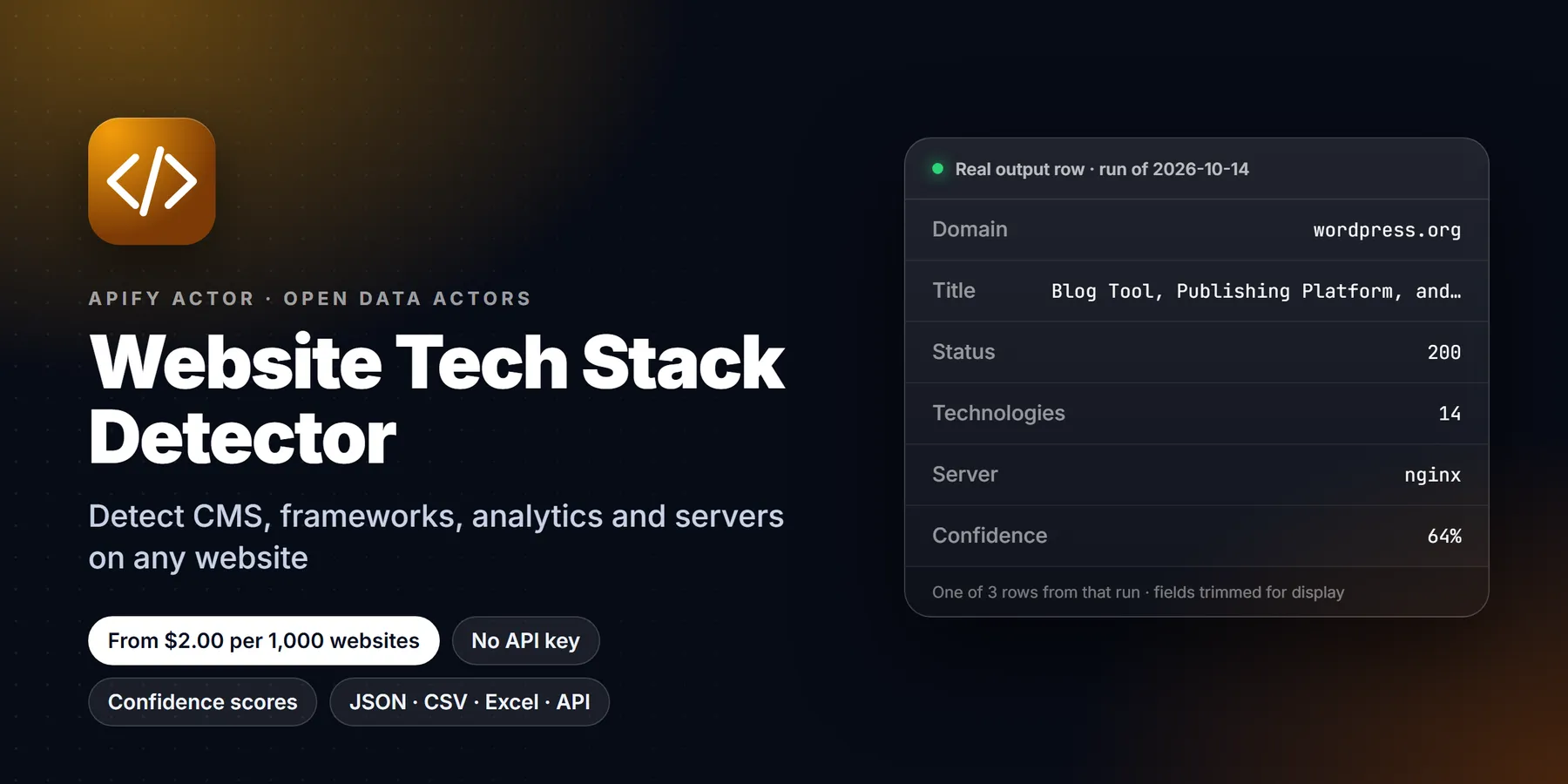 Website Tech Stack Detector: features, price and a real output row