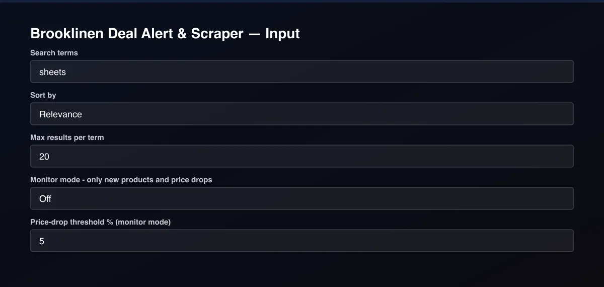Brooklinen Deal Alert & Scraper input form