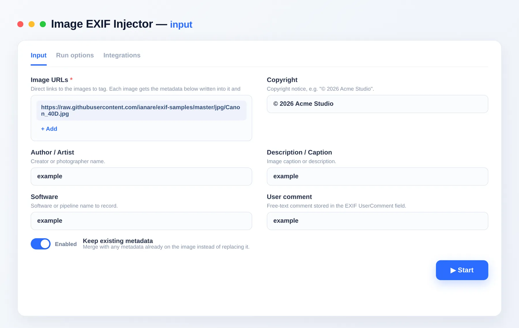 Image EXIF Injector input — configure the options in the Apify Console