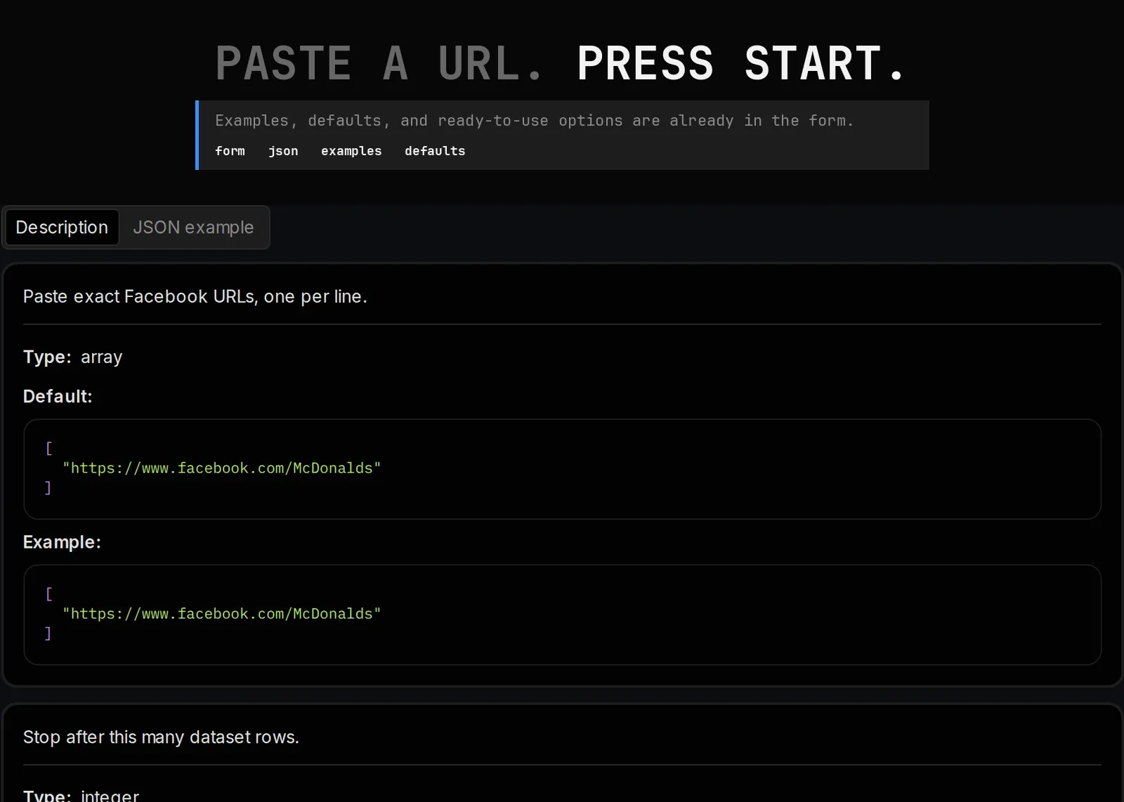Facebook Review Scraper published input controls