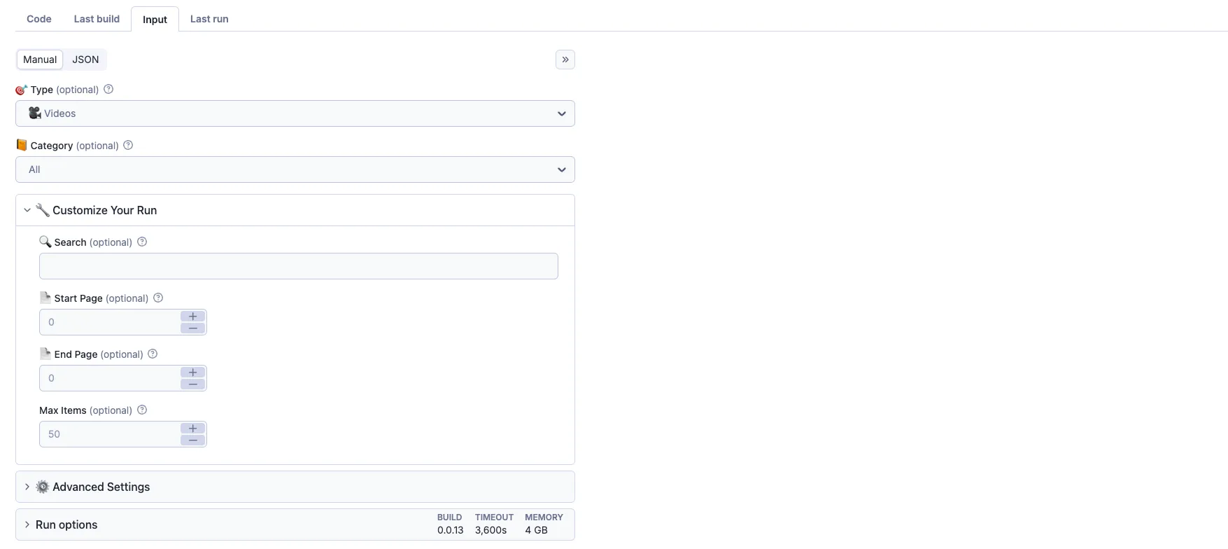 Pornhub Extractor Input Parameters
