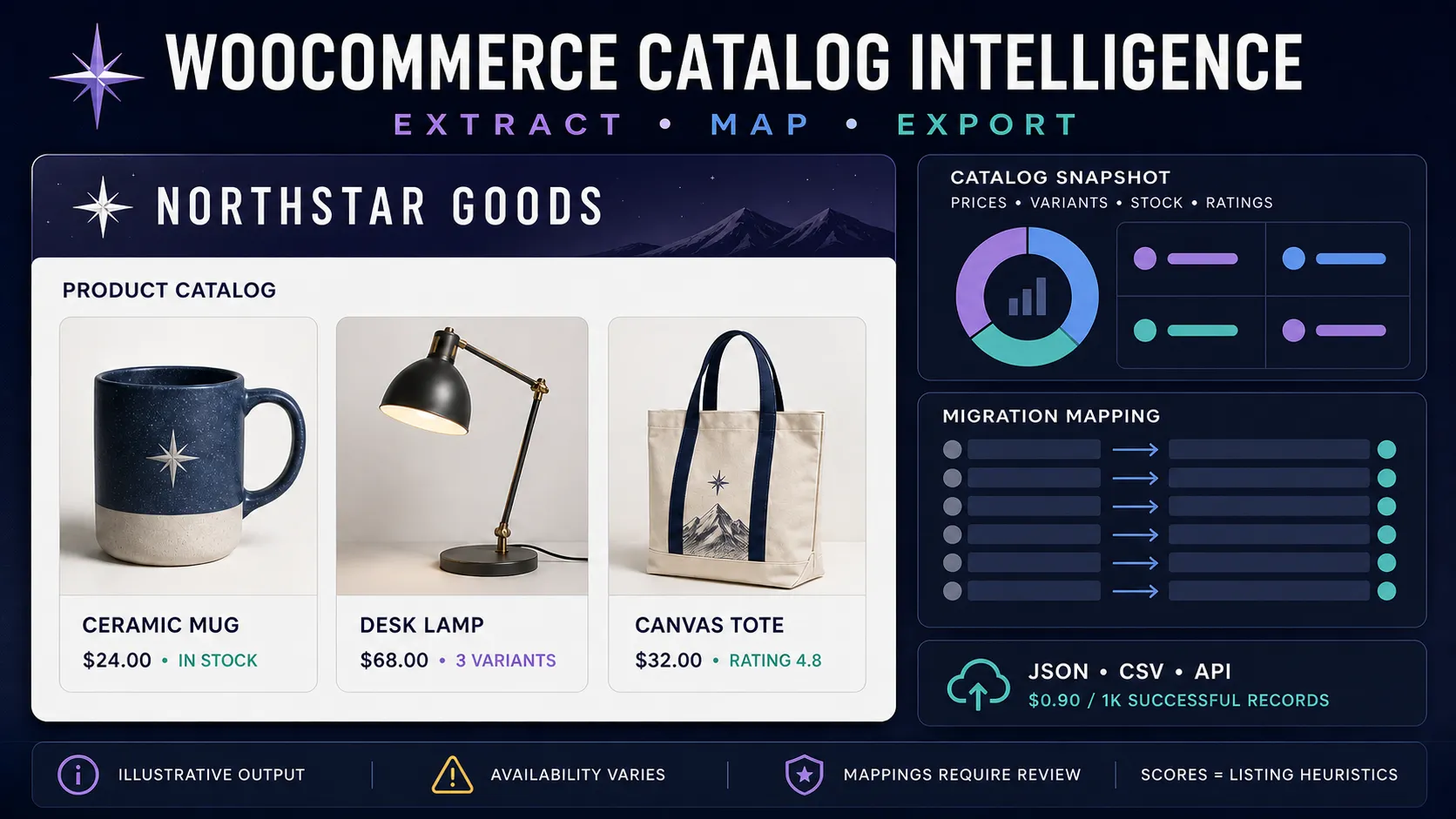 WooCommerce Catalog Intelligence — illustrative product catalog and migration mapping