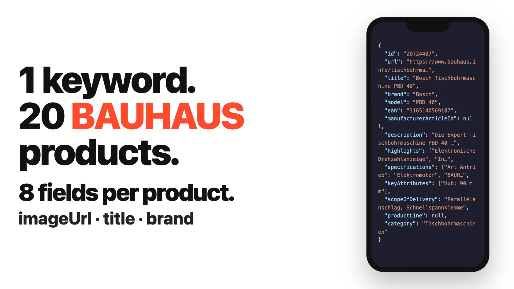 1 keyword. 20 BAUHAUS products. 8 fields per product.