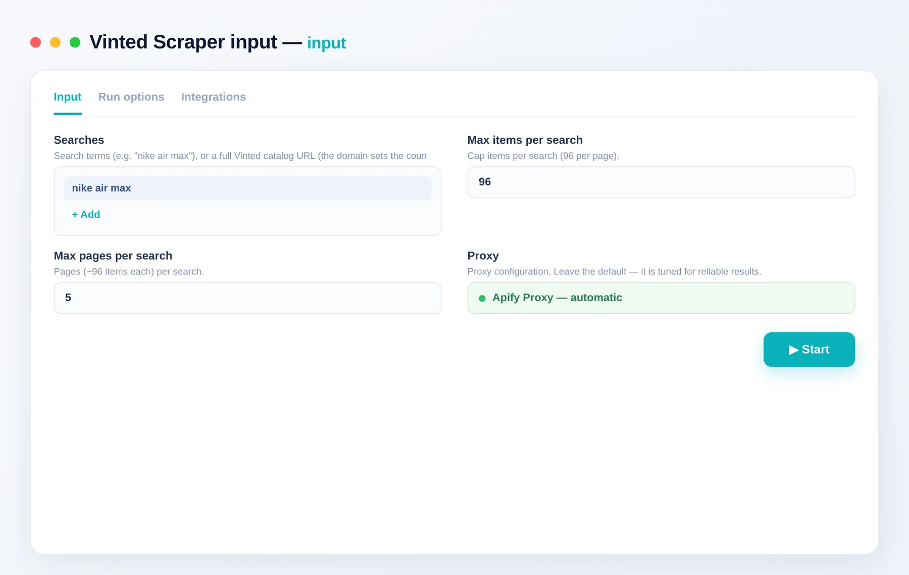 Vinted Scraper input — searches, item caps and country marketplace in the Apify Console