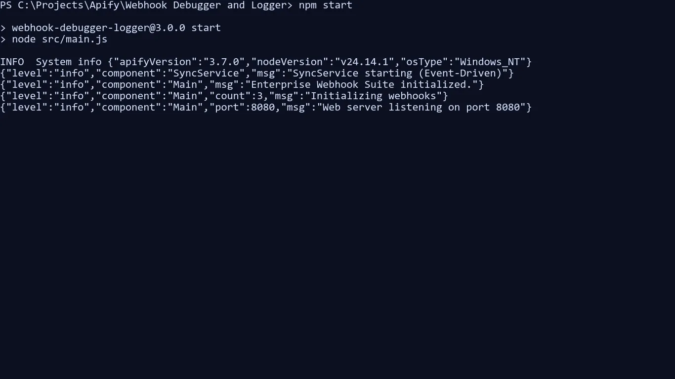 VS Code terminal showing local actor startup and generated webhook IDs