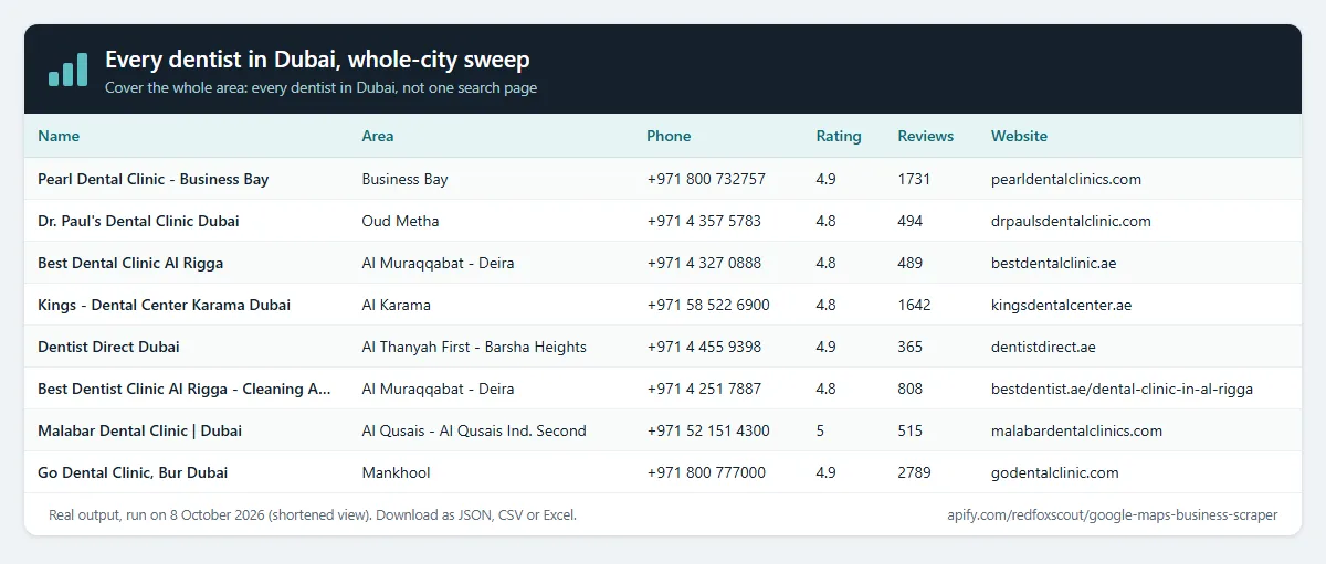 Every dentist in Dubai, whole-city sweep: real output preview (Cover the whole area: every dentist in Dubai, not one search page)