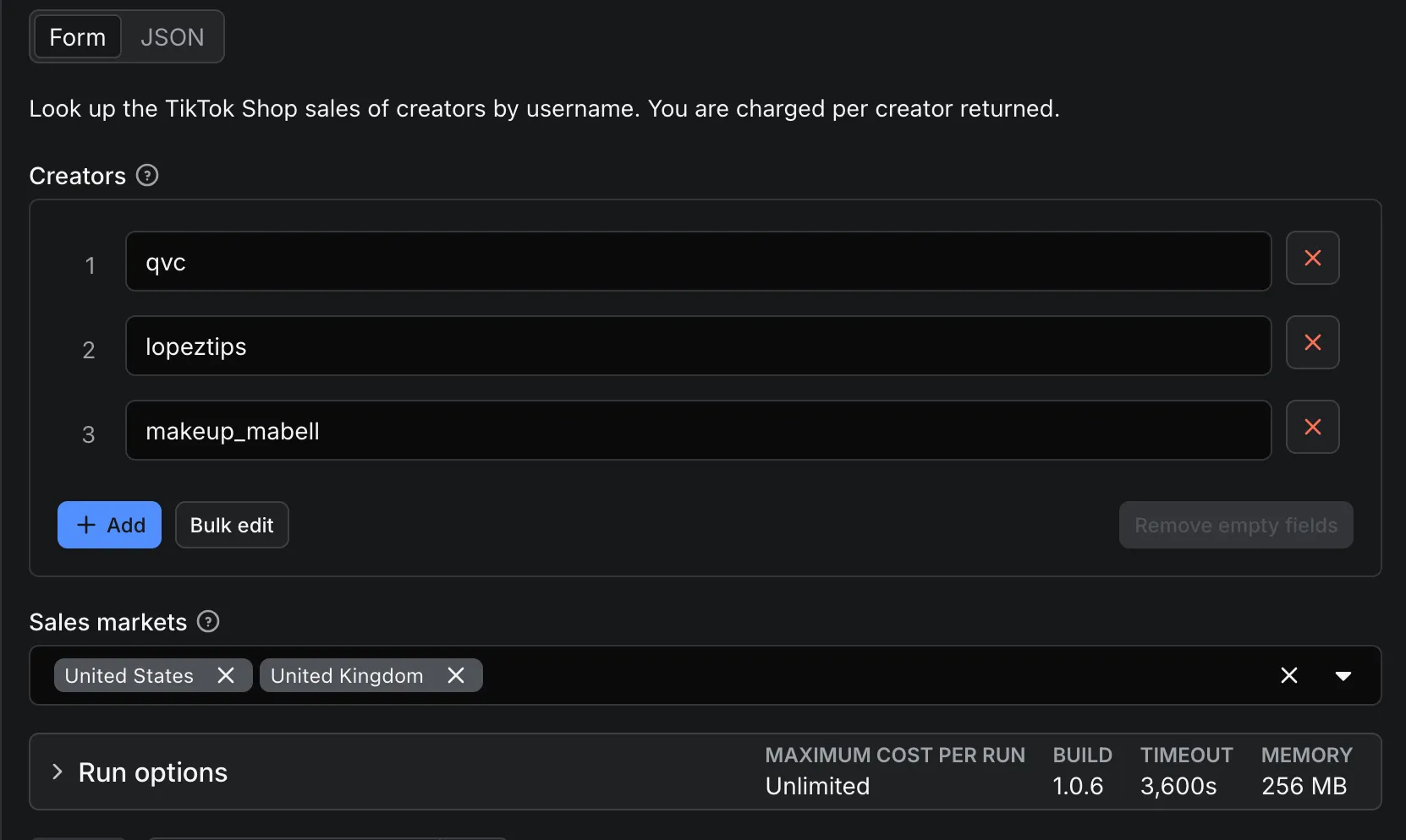 Actor input — creator usernames and sales markets