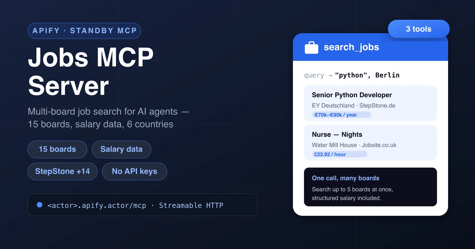 Jobs MCP Server — a hosted Model Context Protocol server with search_jobs, get_job and list_job_boards tools across 15 job boards