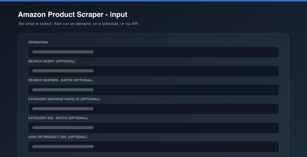 Amazon Product Scraper input options