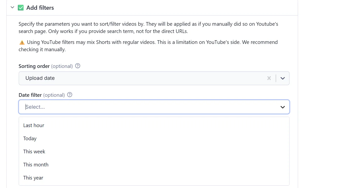 YouTube Scraper date filter by search term