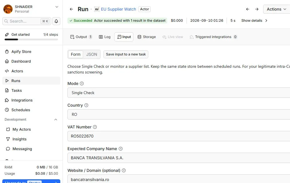 Real Apify Single Check input for BANCA TRANSILVANIA S.A., VAT RO5022670