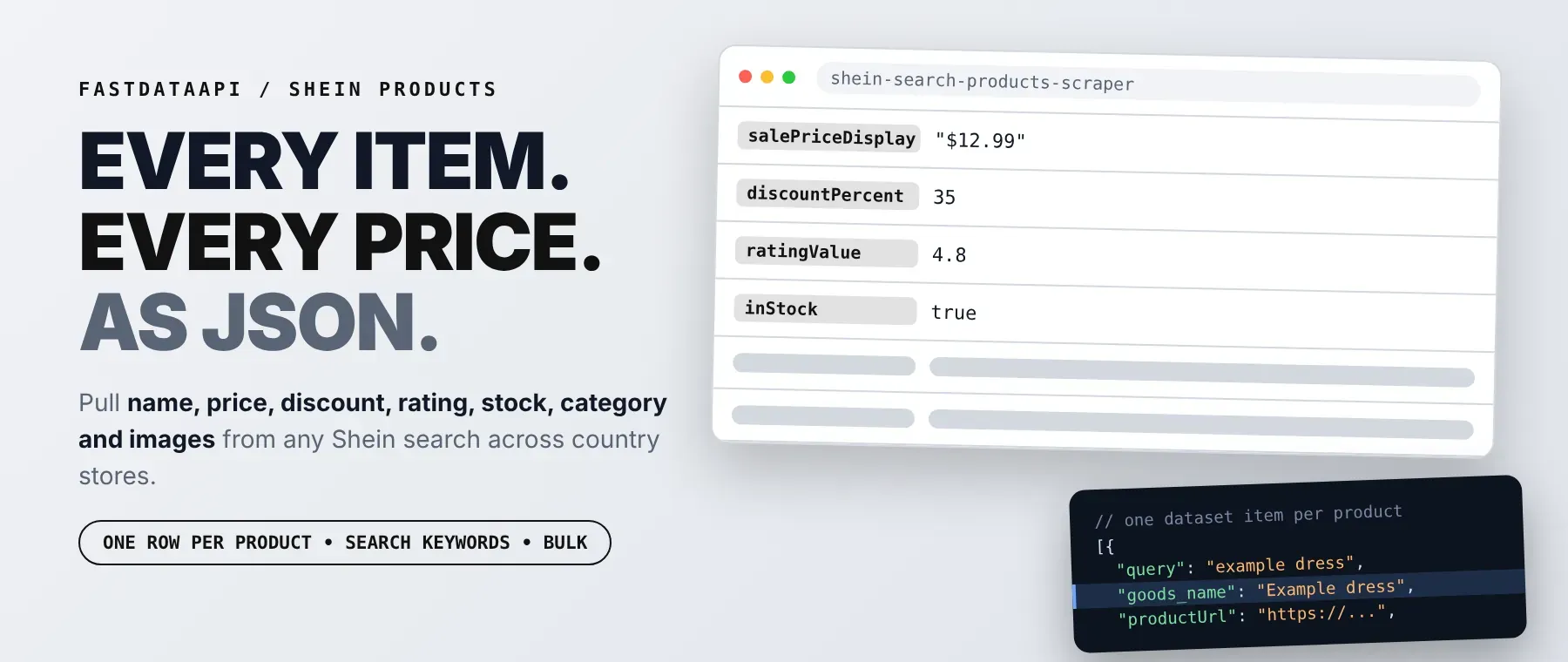 Shein Search Products Scraper output: name, price, discount and rating as JSON