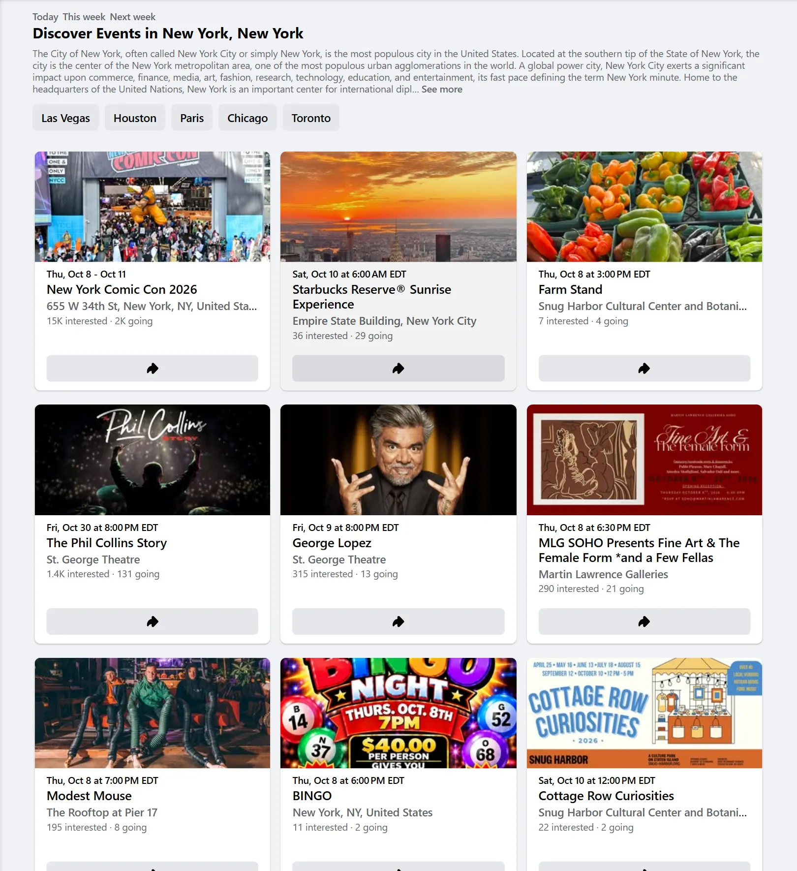 Facebook events page for New York that Facebook Events Scraper turns into rows