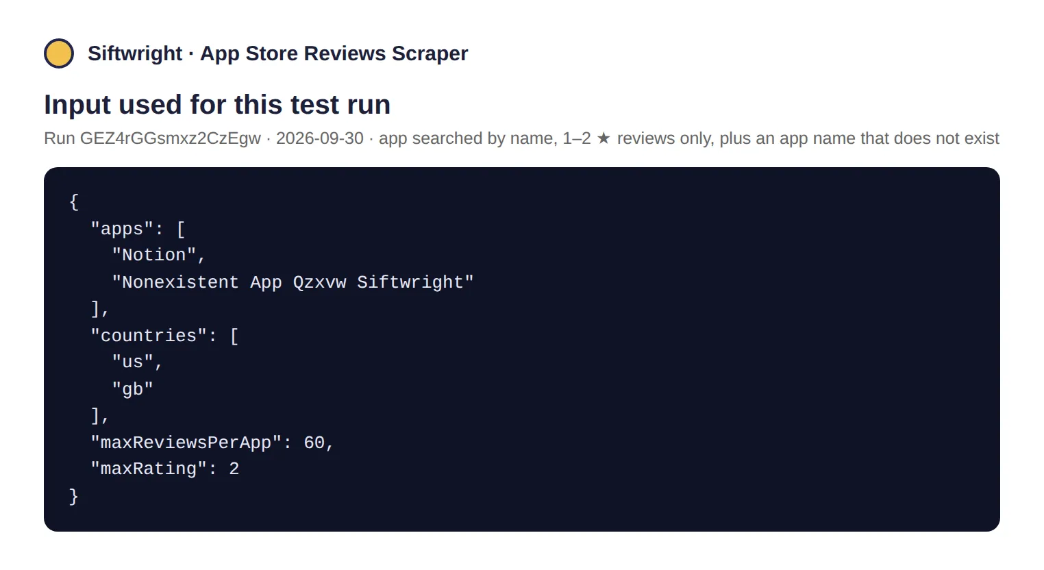 Input used in a real test run: Notion searched by name, 1–2 star reviews only, plus an app that does not exist