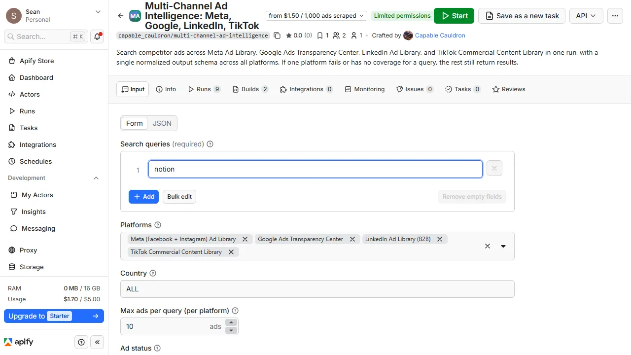 multi channel ad intelligence input form