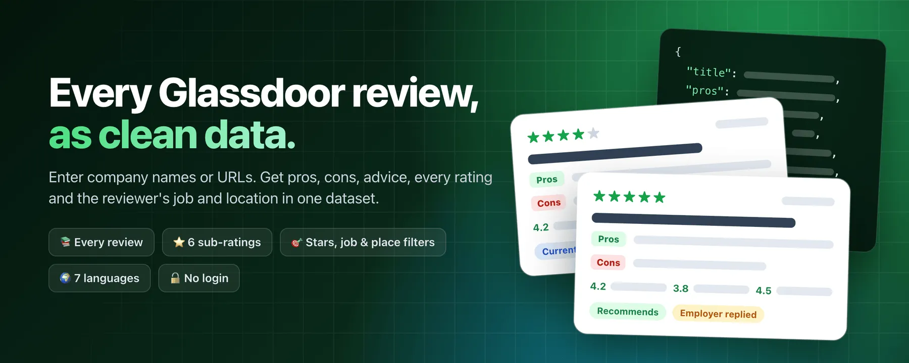 Every Glassdoor review as clean data: enter company names or URLs and get pros, cons, advice, the overall and 6 sub-ratings, and the reviewer's job and location, with every review, filters by stars, job and place, 7 languages and no login