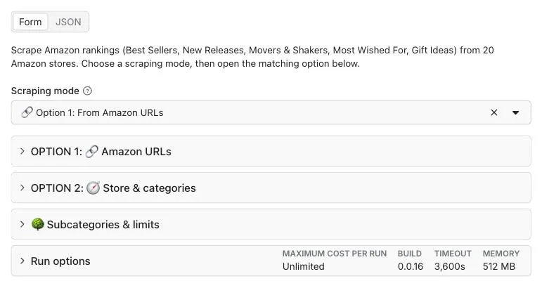 Amazon Best Sellers Scraper input: choose a scraping mode