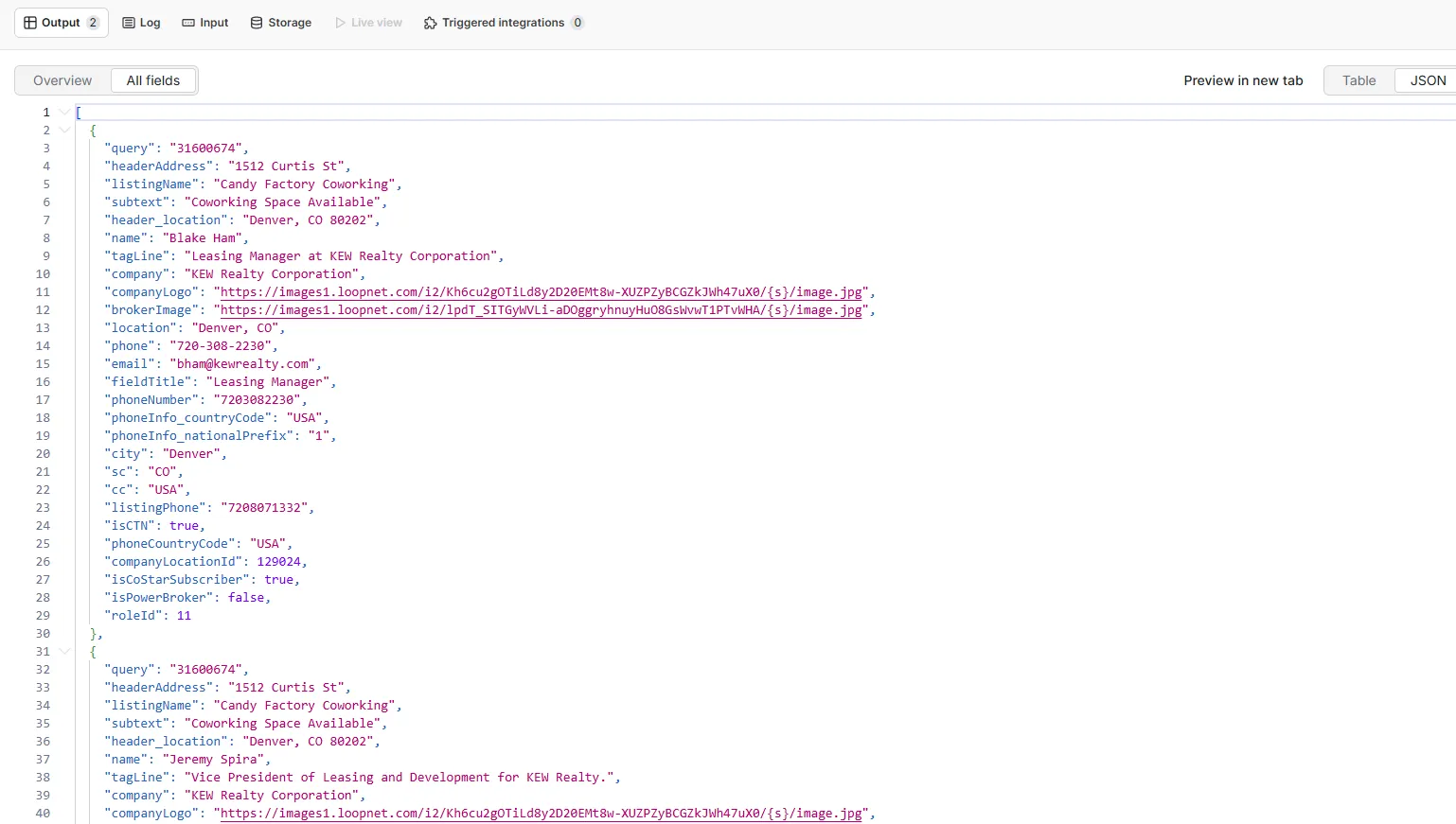 Apify dataset JSON view showing flat broker contact fields