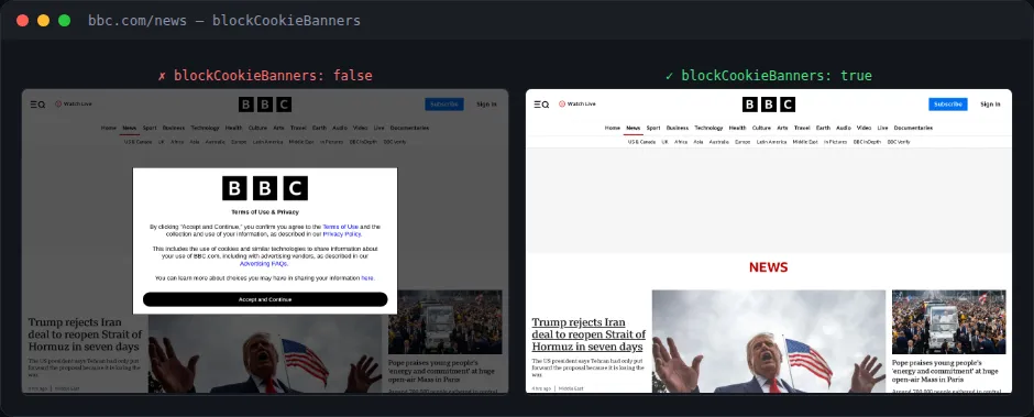 Cookie banner before/after on bbc.com/news