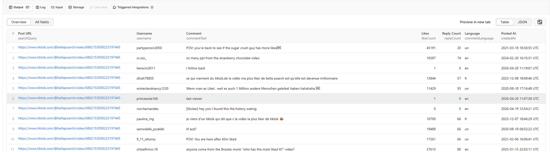 Apify dataset table view — TikTok comments