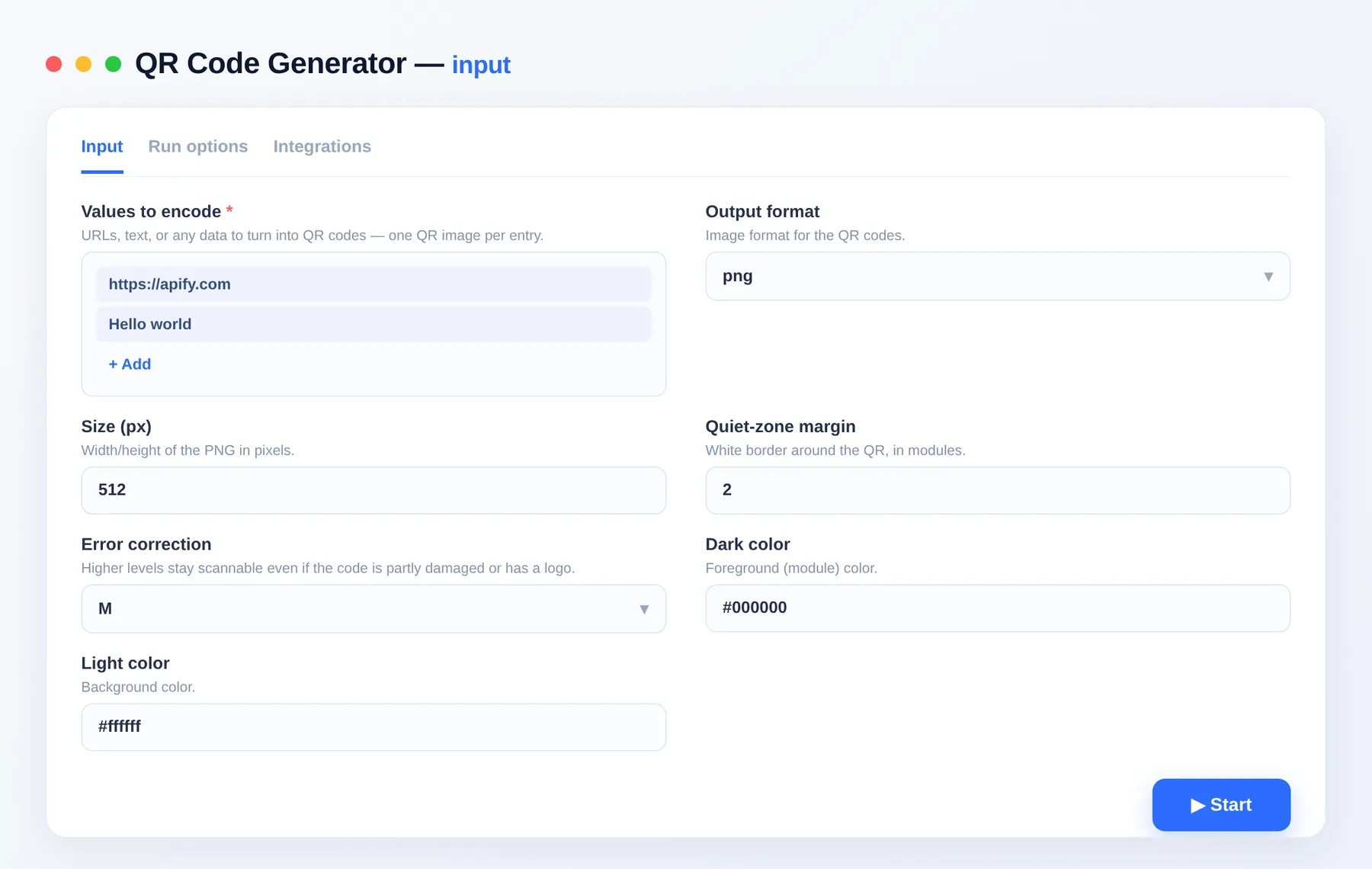QR Code Generator input — configure the options in the Apify Console