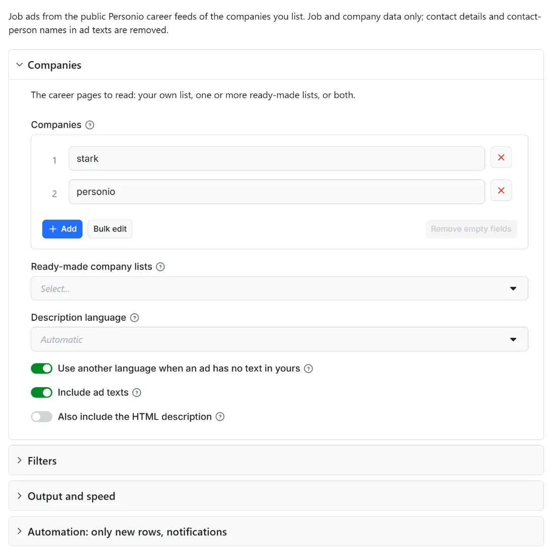 Input form of Personio Jobs Scraper: Job Listings, Salaries, Departments