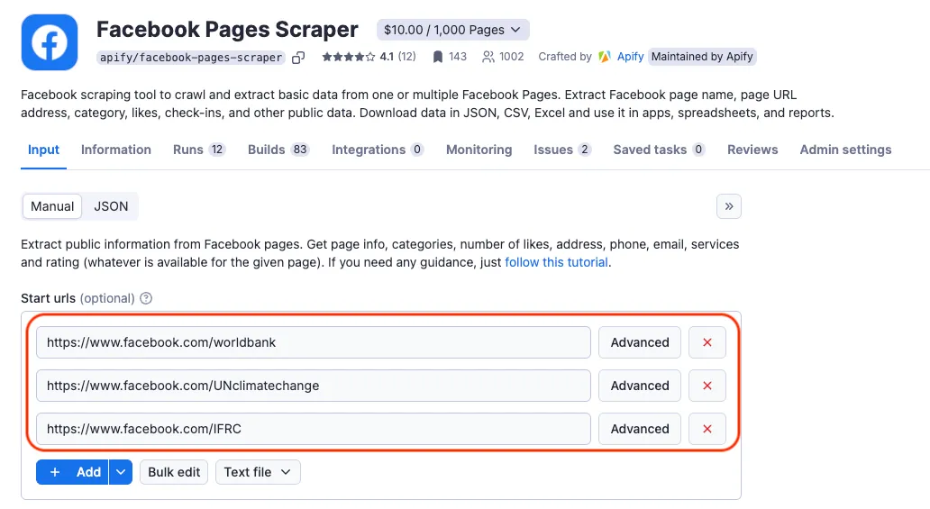 Facebook page scraping input