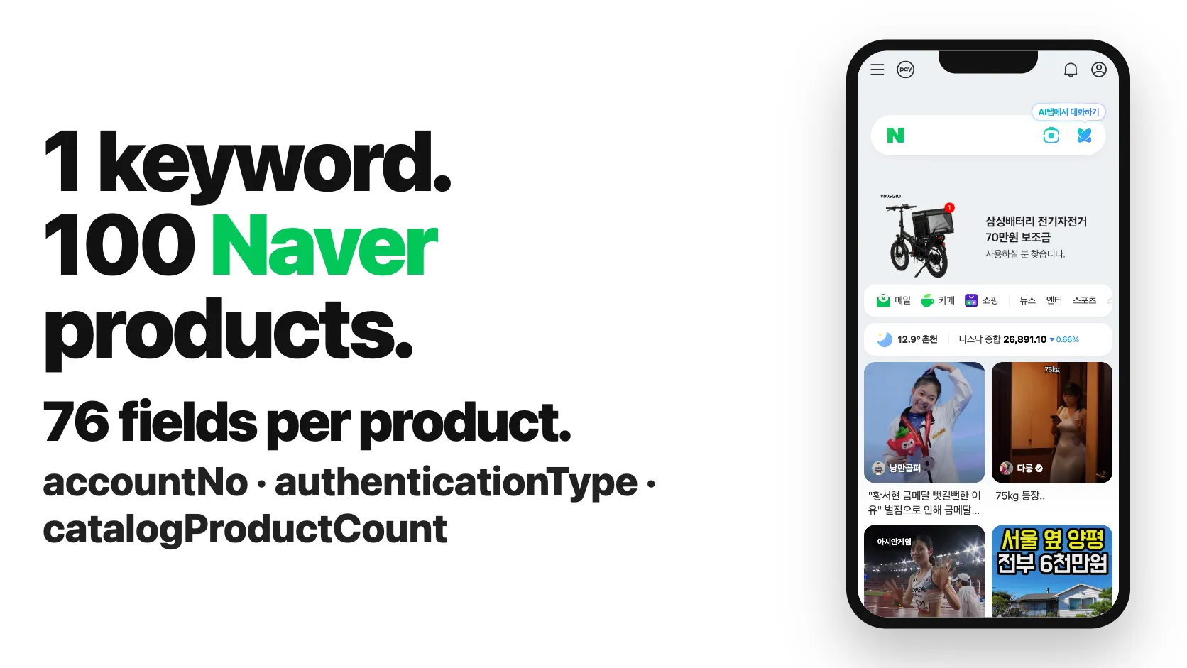 1 keyword. 100 Naver products. 76 fields per product.