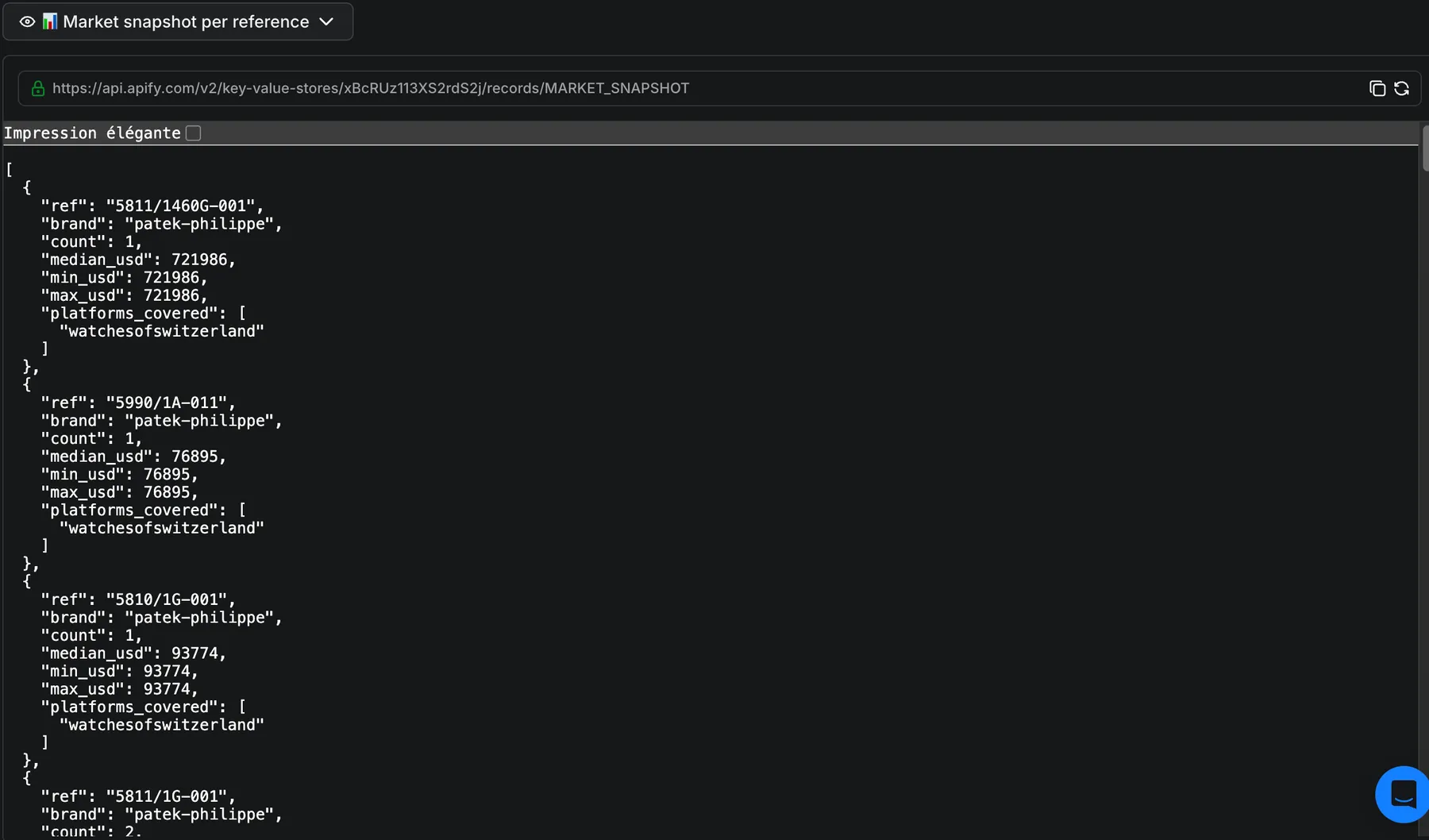 MARKET_SNAPSHOT key-value store — per-sub-ref median/min/max