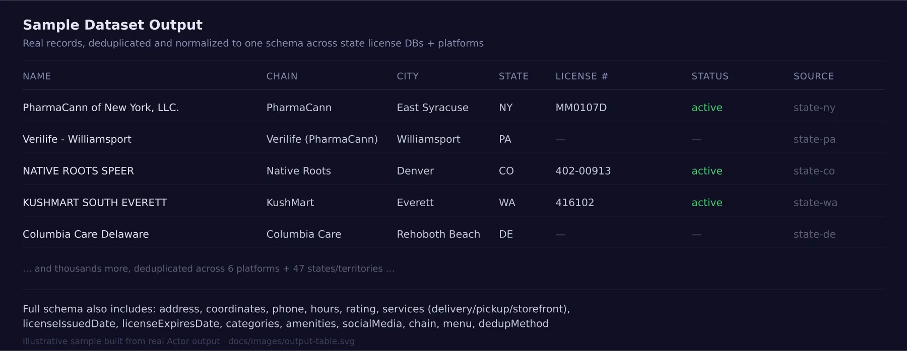 Sample dataset output showing dispensary records with name, chain, city, state, license number, and status columns
