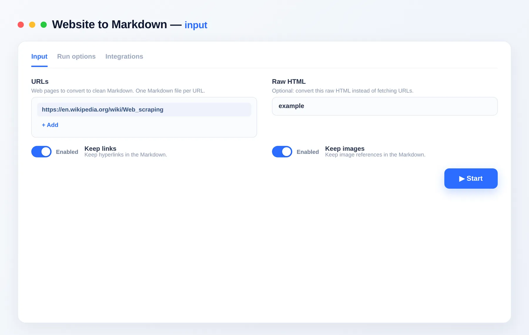 Website to Markdown input — configure the options in the Apify Console