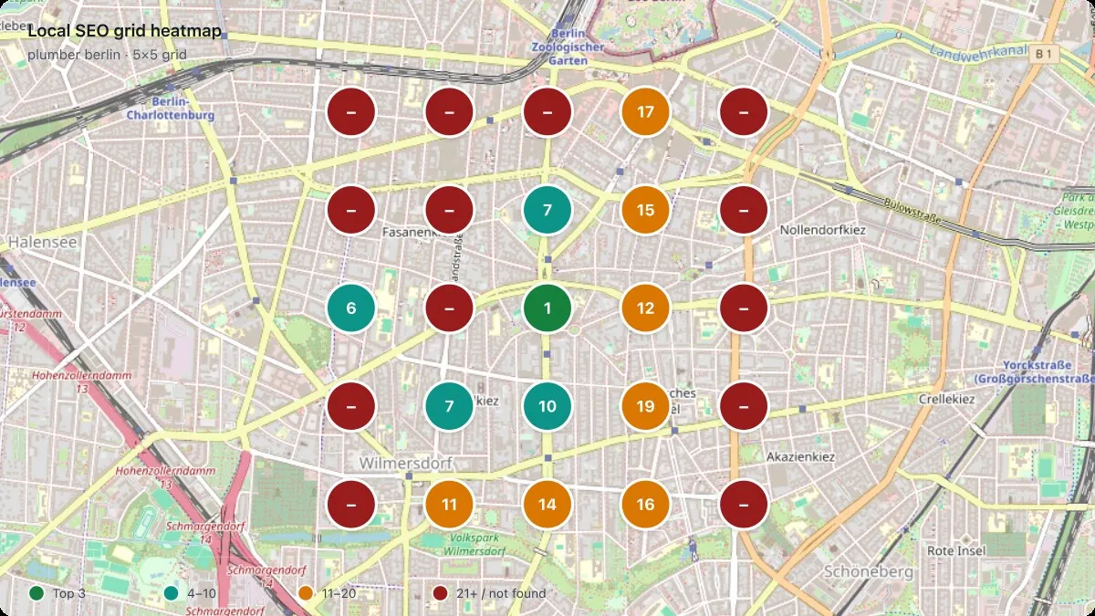 Local SEO grid heatmap on Google Maps
