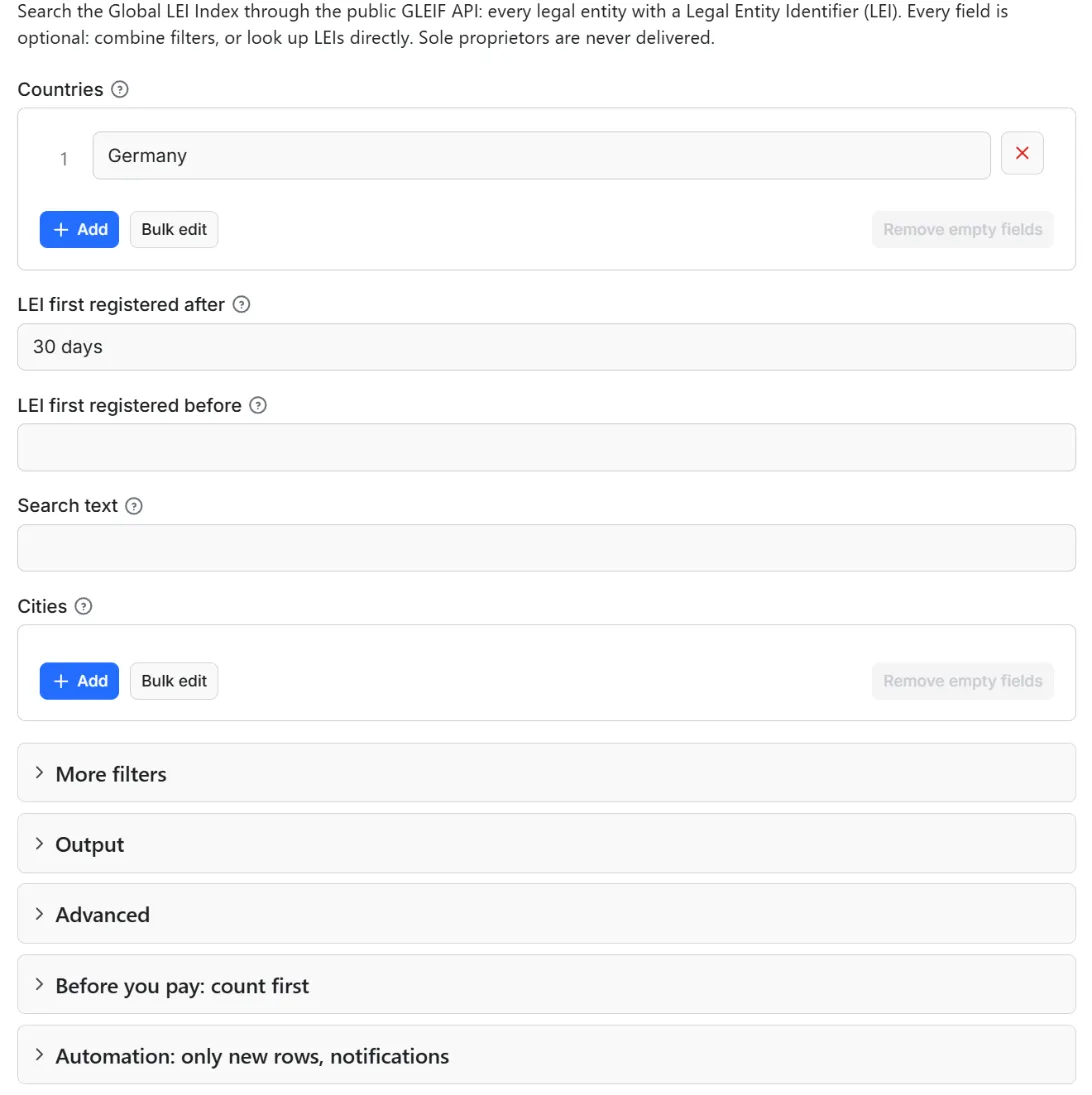 Input form of LEI Records Scraper: Legal Entity Identifier Lookup API