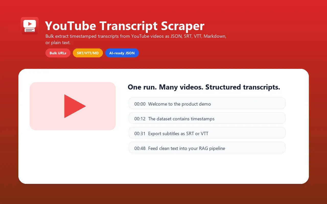 YouTube Transcript Scraper overview: bulk transcript extraction with timestamps and multiple output formats