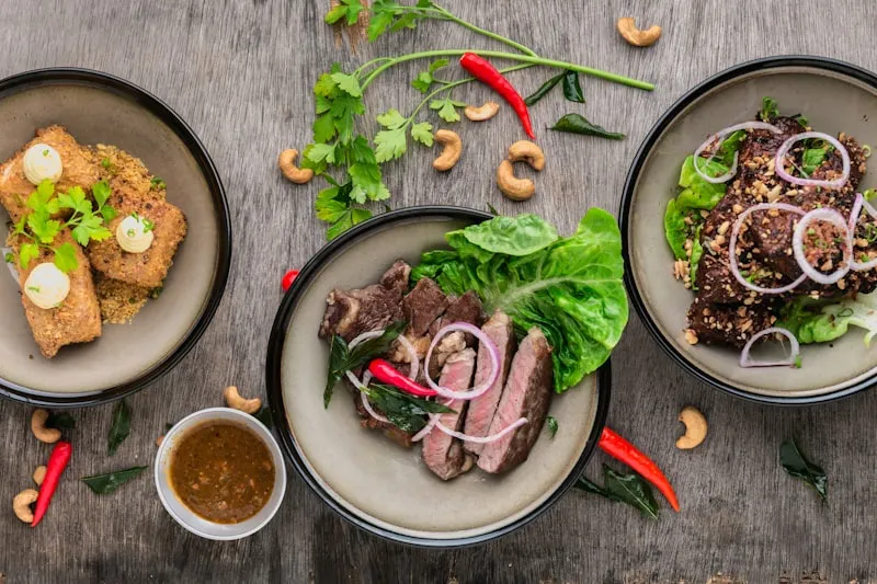 Food flatlay with three dishes